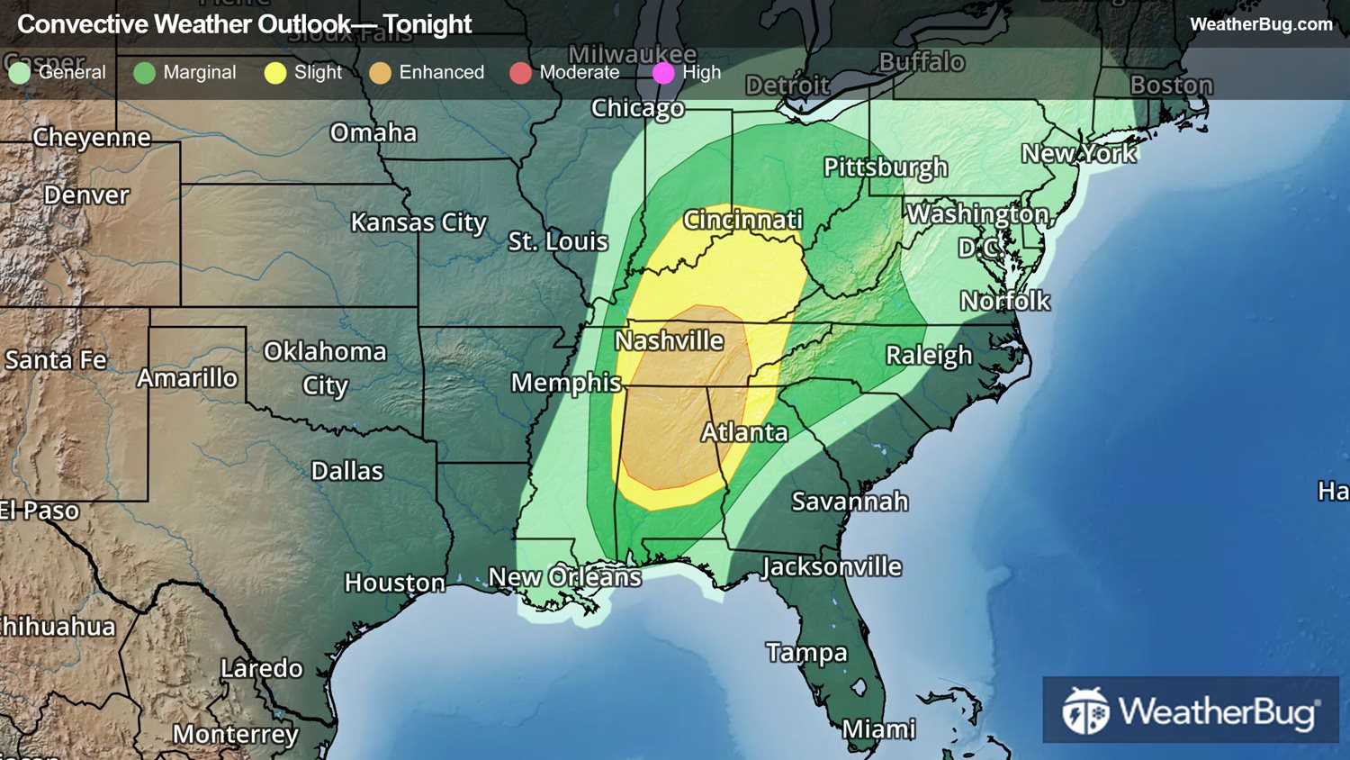 Severe Threat Looms Overnight For Mid-South, Southeast | WeatherBug ...